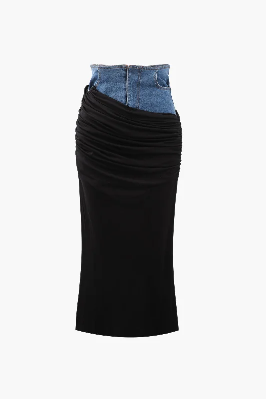 Ruched Panel Denim Maxi Skirt