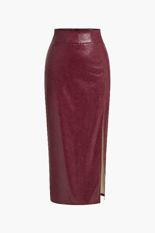 Faux Leather Side Slit Skirt