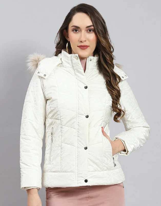 Women White Solid Hooded Full Sleeve Jacket