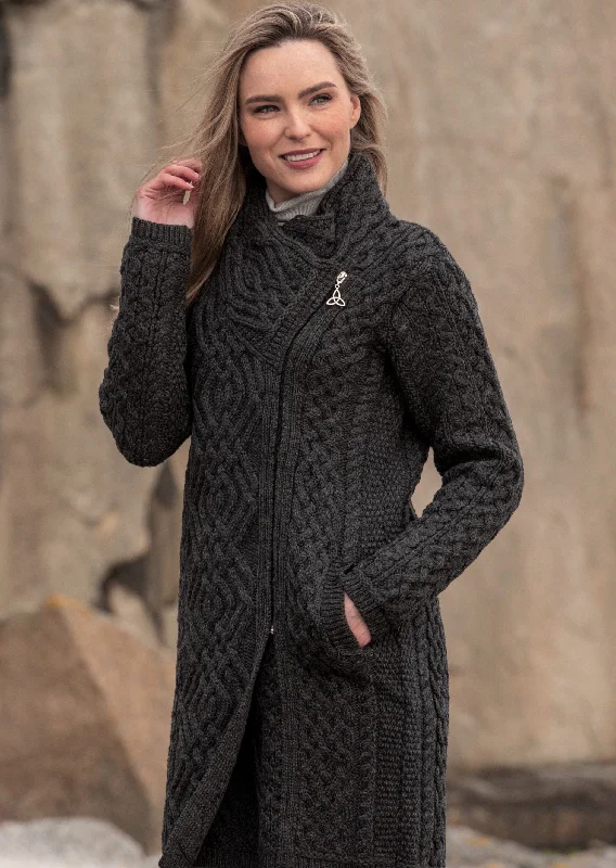 Aran Crafts Cable Knit Side Zip Coat | Charcoal