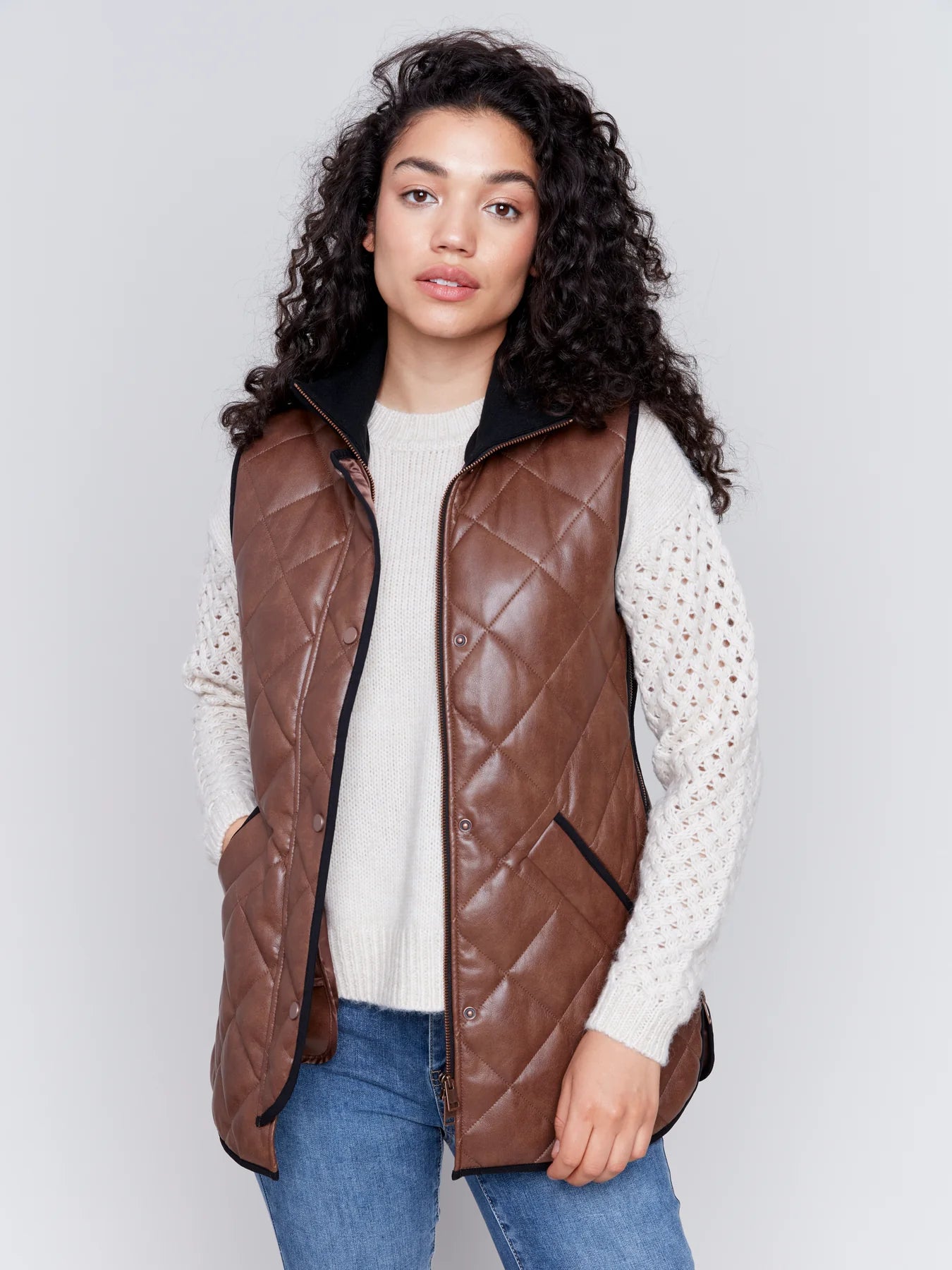 Charlie B Quilted Faux Leather Long Vest - C6321-945B