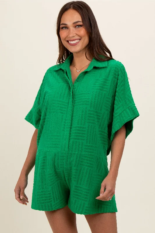 Green Textured Button Front Short Sleeve Maternity Romper