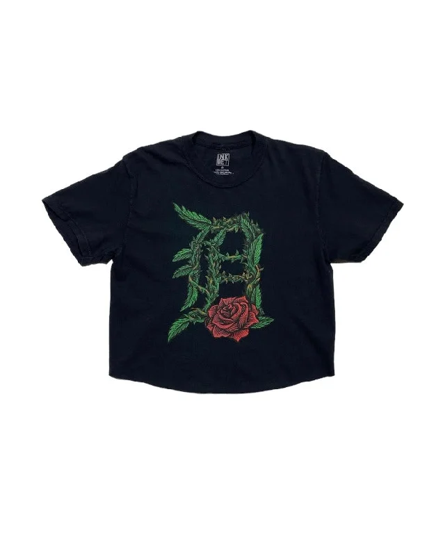 Ink Detroit - Old English D Rose - Oversize Crop T-Shirt - Black