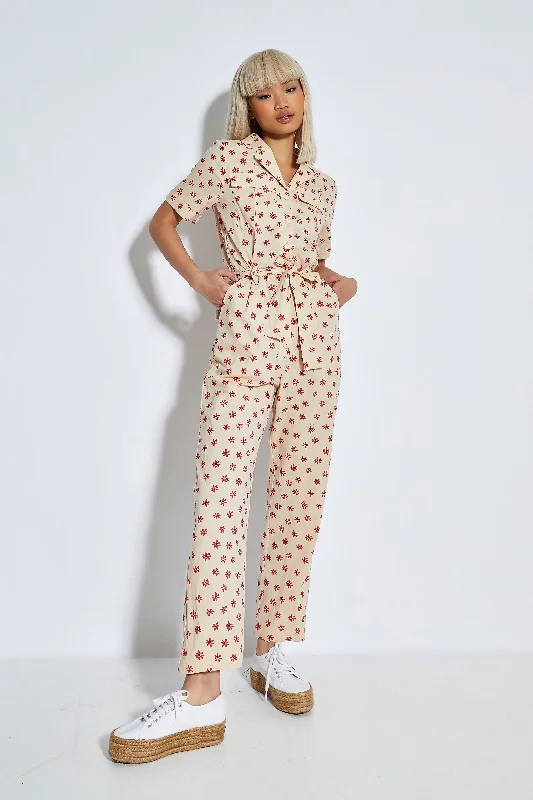 Glamorous Stone Red Daisy Tie Waist Button Front Jumpsuit