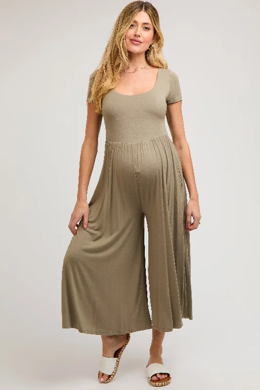 Light Olive Short Sleeve Pocketed Maternity Jumpsuit