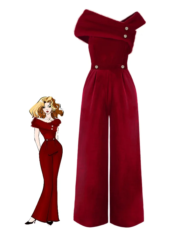 [Pre-Sale] Red 1950s Velvet Off Shoulder Button Jumpsuit