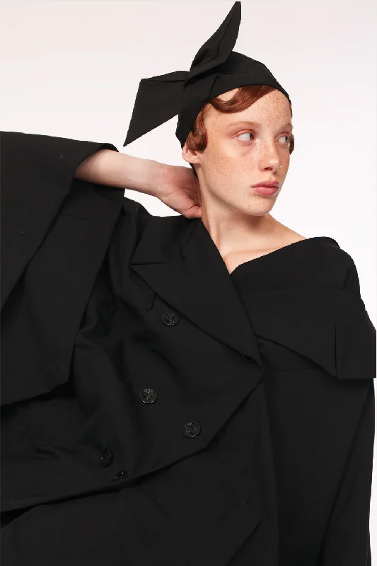 Wide Tailored Collar Summer Wool Cape / Black