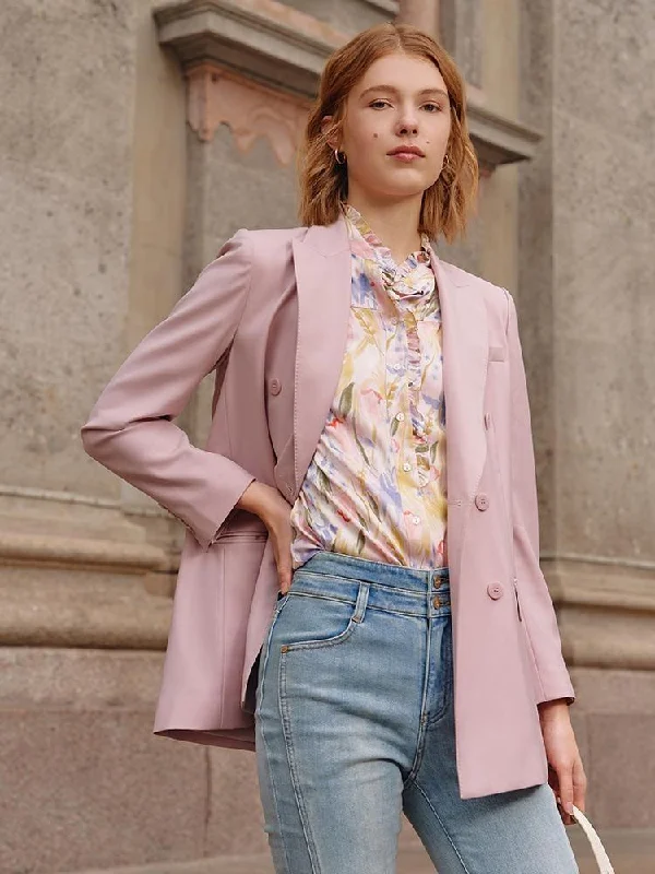 Pink Double-Breasted Worsted Woolen Blazer