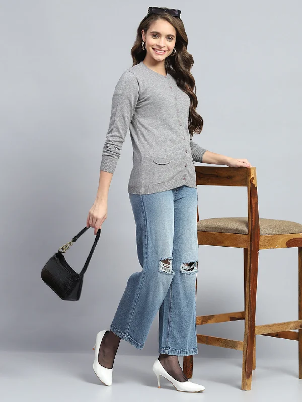 Women Grey Solid Round Neck Full Sleeve Cardigan