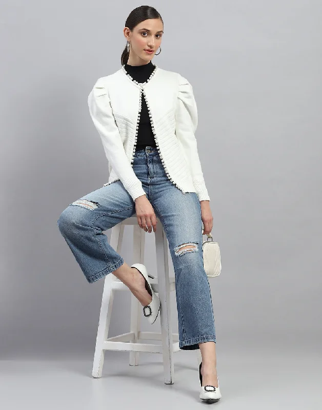 Women White Self Design V Neck Full Sleeve Cardigan